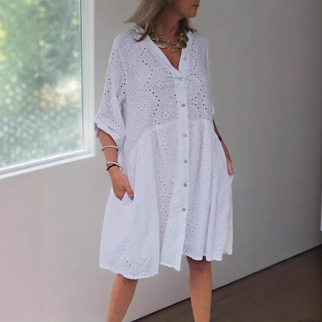 Women’s Midi Dress – Lace Eyelet – A-Line Fit – V-Neck – Button Front – Pockets
