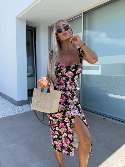 Women’s Midi Dress – Slim Fit – Floral Print – Ruffled Straps – Side Slit – Breathable Blend