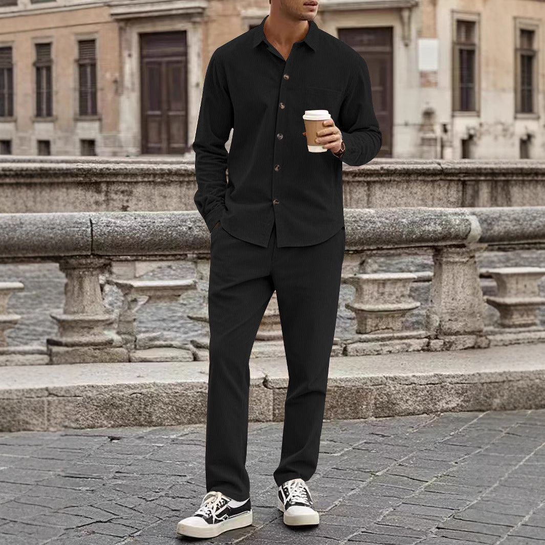 Men’s Shirt and Trousers Set – Corduroy – Relaxed Fit – Button-Up Casual Outfit