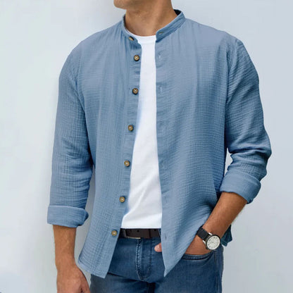 Men’s Button-Up Shirt – Regular Fit – Mandarin Collar – Long Sleeve
