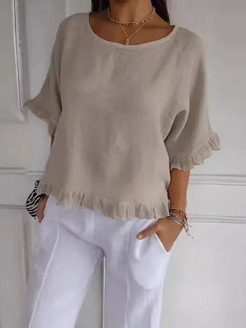 Women’s Blouse – Cotton Linen – Relaxed Fit – Short Sleeve – Ruffle Hem – Round Neck