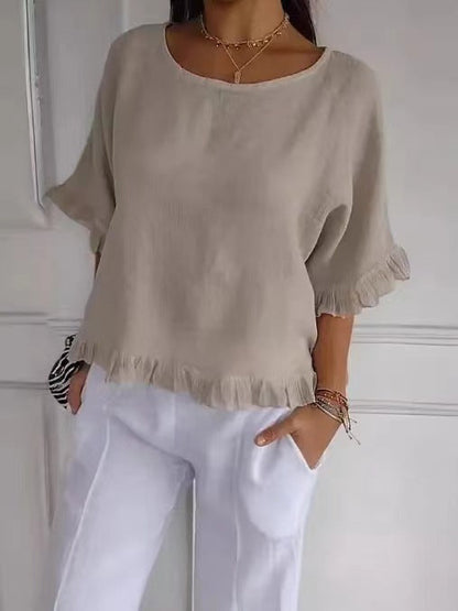 Women’s Blouse – Cotton Linen – Relaxed Fit – Short Sleeve – Ruffle Hem – Round Neck