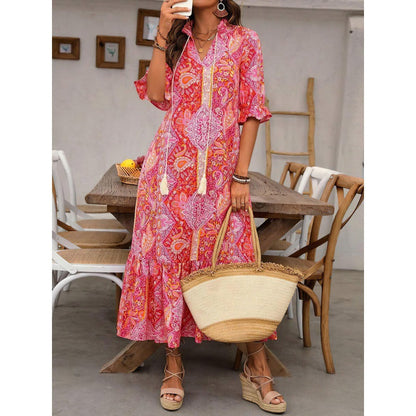 Women’s Midi Dress – Relaxed Fit – Ruffle Sleeves – Boho Print – Tiered Skirt – Tie Neckline