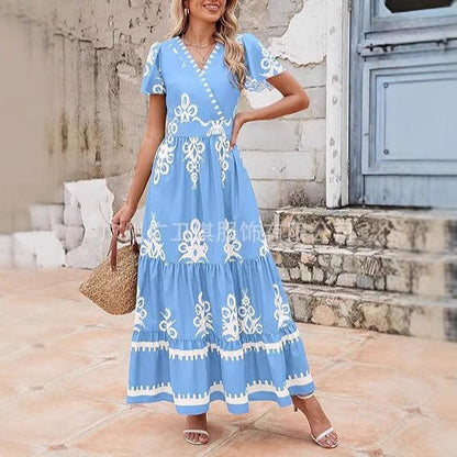 Women’s Maxi Dress – Bohemian A-Line Fit – Floral Print – V-Neck – Short Sleeve