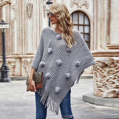 Women’s Shawl Sweater – Relaxed Fit – Knit Wool – Fur Ball & Tassel Trim