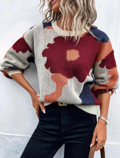 Women’s Pullover Sweater – Knit Fabric – Relaxed Fit – Round Neck – Balloon Sleeves – Patterned