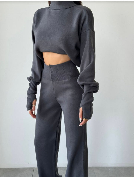 Women’s Lounge Set – Soft Knit – High Neck Top – Wide Leg – Relaxed Fit