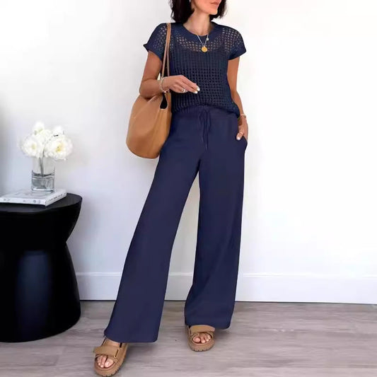 Women’s Two-Piece Set – Open-Knit Top – Wide-Leg Pants – Relaxed Fit – Breathable Fabric
