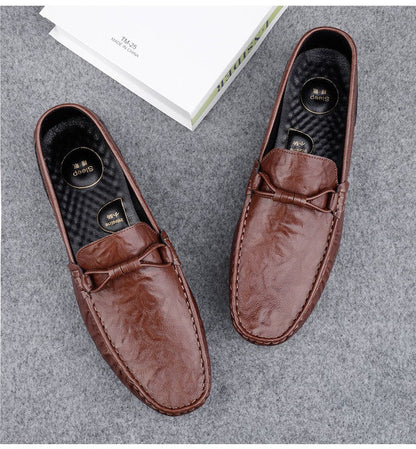 Men’s Leather Loafers – Slip-On Design – Decorative Tie – Printed Detailing