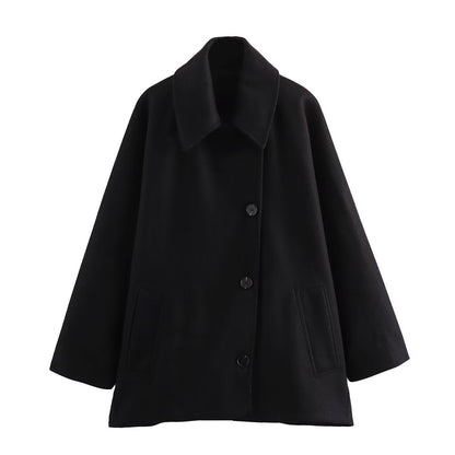 Women’s Wool Jacket – Oversized Fit – Button Front – Wide Collar – Hip Length Casual