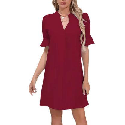 Women’s Short Sleeve Dress – V-Neck – Ruffle Sleeves – Relaxed Fit – Breathable Blend