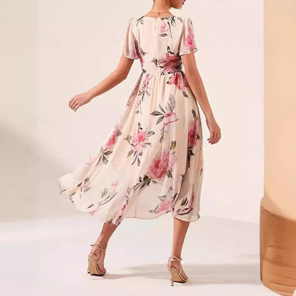 Women’s Midi Dress – Floral Print – Wrap V-Neck – Ruffle Sleeve – Tie Waist Hem