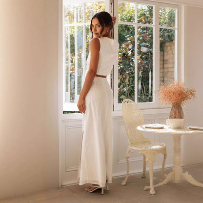 Women’s Long Dress – Fitted Silhouette – Linen Blend – Waist Cut-Out – High Slit