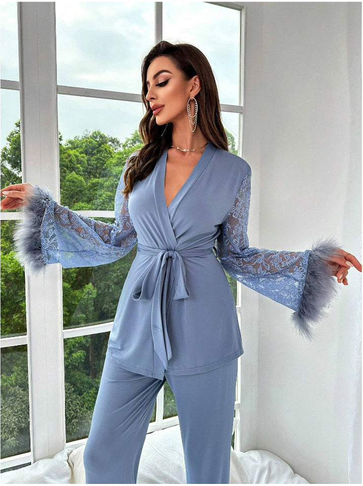 Women’s Pajama Set – Satin Look – Lace Sleeves – Faux Fur Trim – Relaxed Fit