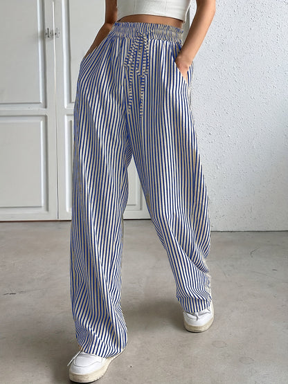 Women’s Straight-Leg Trousers – Drawstring Waist – Striped – Lightweight Breathable Fit