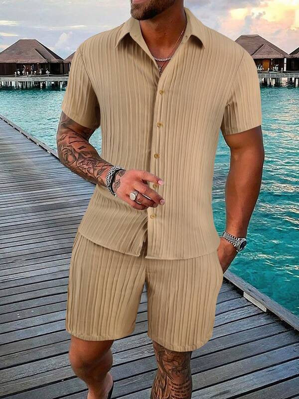 Men’s Shirt and Shorts Set – Relaxed Fit – Cotton Blend – Button Down – Short Sleeve