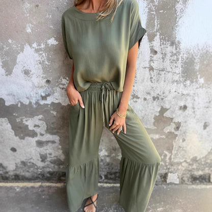 Women’s Two-Piece Suit Set – Relaxed Fit – Short Sleeve Top – Wide Leg Trousers – Cotton Linen
