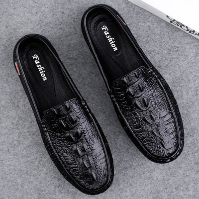 Men’s Loafers – Crocodile-Embossed Leather – Slip-On – Metal Buckle – Streamlined Fit