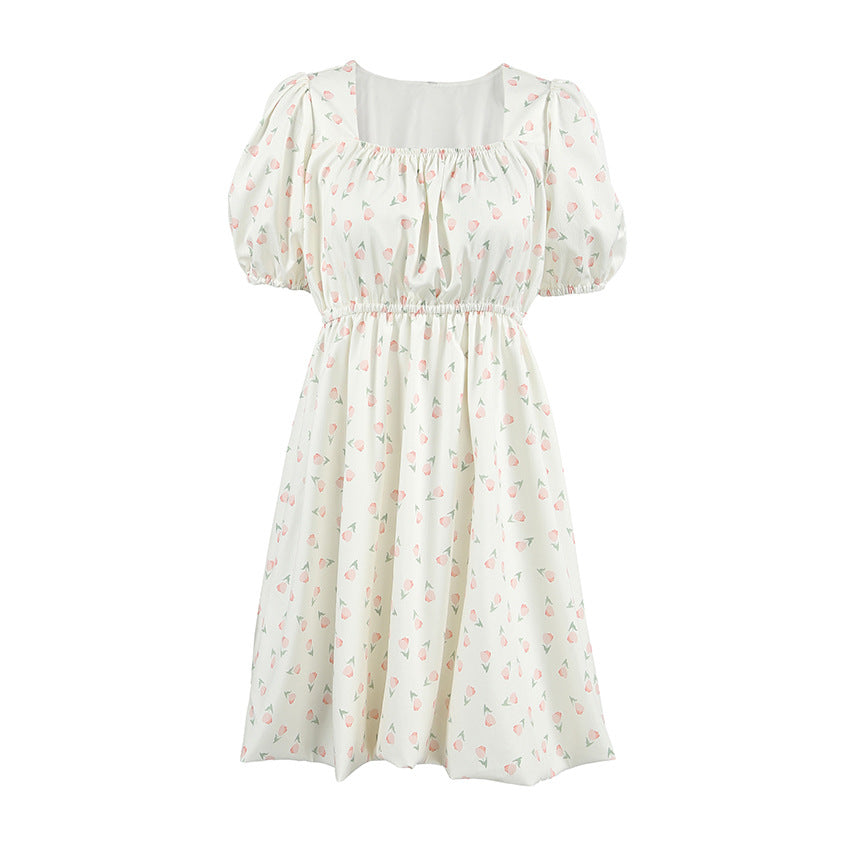 Women’s A-Line Dress – Puff Sleeves – Square Neck – Floral Print – Fitted Waist