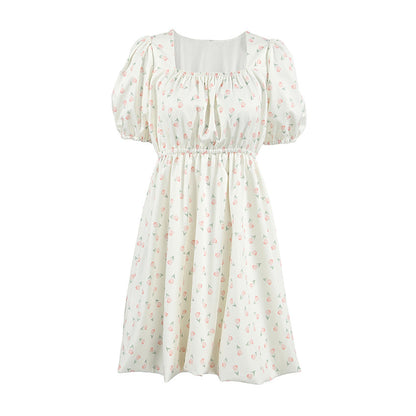 Women’s A-Line Dress – Puff Sleeves – Square Neck – Floral Print – Fitted Waist