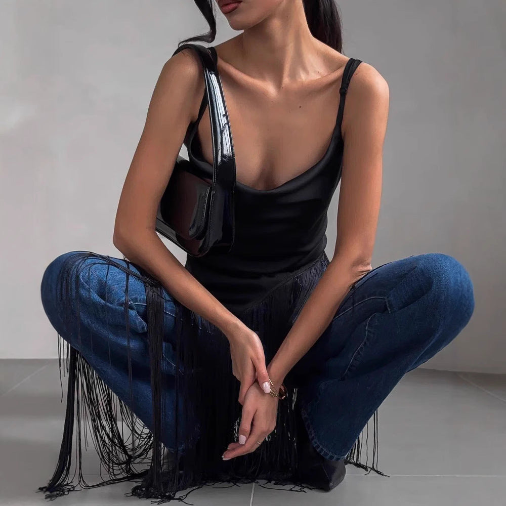 Women’s Sleeveless Top – Luxury Fabric – Slim Fit – Deep V-Neck – Draped Fringe Hem