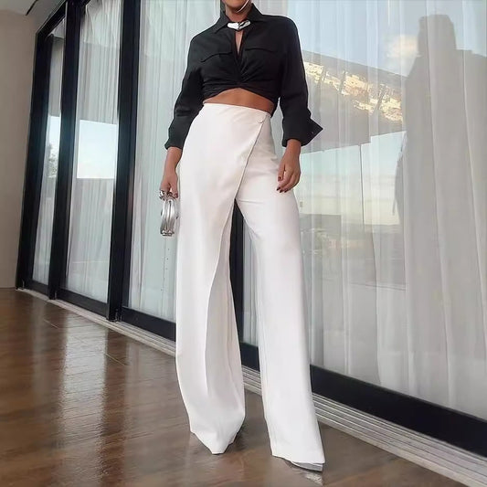 Women’s Wide-Leg Trousers – High Waist – Satin Finish – Wrap Front – Full Length