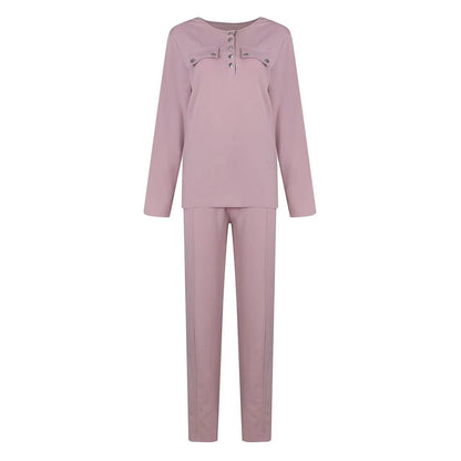 Women's Lounge Set - Henley Long Sleeve Top & Elastic Waist Trousers - Soft Knit Casual Wear