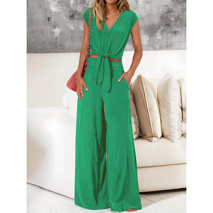 Women’s Two-Piece Set – V-Neck Tie Front Crop Top – High-Waist Wide-Leg Trousers