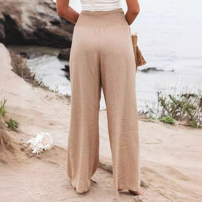Women’s Wide Leg Trousers – Relaxed Fit – Breathable Blend – Elastic Waist Comfort