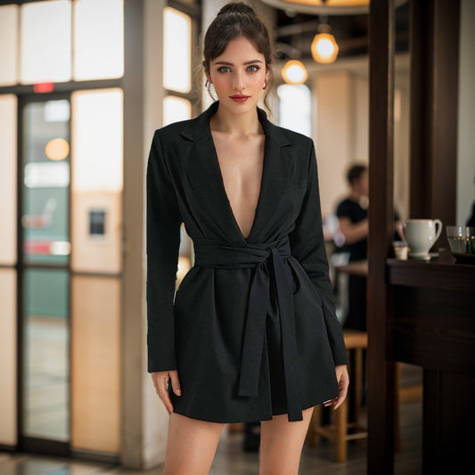Women’s Blazer – Slim Fit – Waist Tie – V-Neck – Long Sleeve – Mid-Length – Tailored