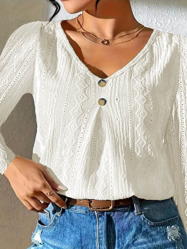 Women's Button Detail Long Sleeve Top - Casual V-Neck - Textured Knit