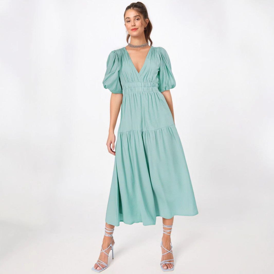 Women’s Midi Dress – Lightweight Fabric – Deep V-Neck – Puff Sleeves – Tiered Skirt