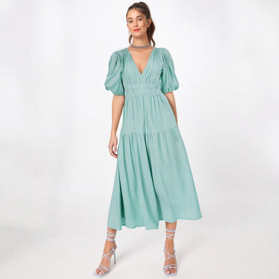 Women’s Midi Dress – Lightweight Fabric – Deep V-Neck – Puff Sleeves – Tiered Skirt