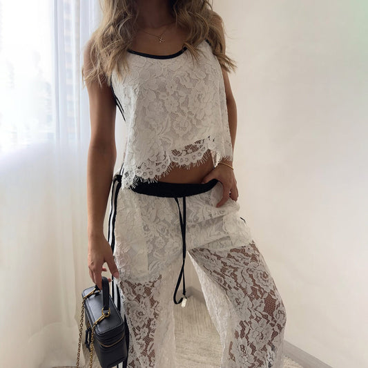 Women’s Two-Piece Set – Lace Camisole Crop Top – Drawstring Waist Sheer Trousers