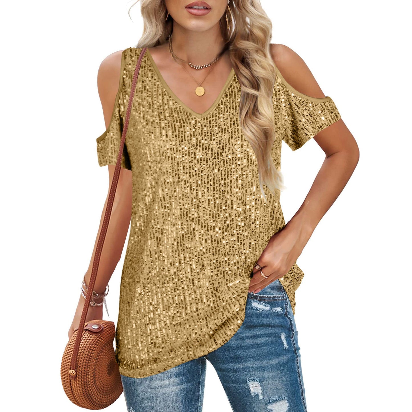 Women’s V-Neck Top – Sequin Front – Cold Shoulder – Relaxed Fit – Short Sleeve