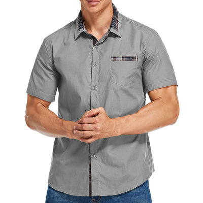 Men’s Short-Sleeve Shirt – Slim Fit – Cotton Blend – Check Collar and Pocket Trim