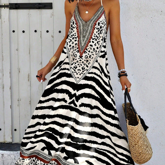 Women’s Maxi Dress – A-Line Fit – V-Neck – Bold Pattern – Cotton