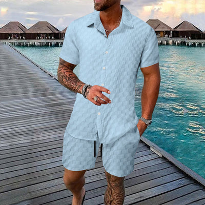 Men’s Two-Piece Set – Jacquard Shirt and Shorts – Relaxed Fit – Short Sleeve Lapel