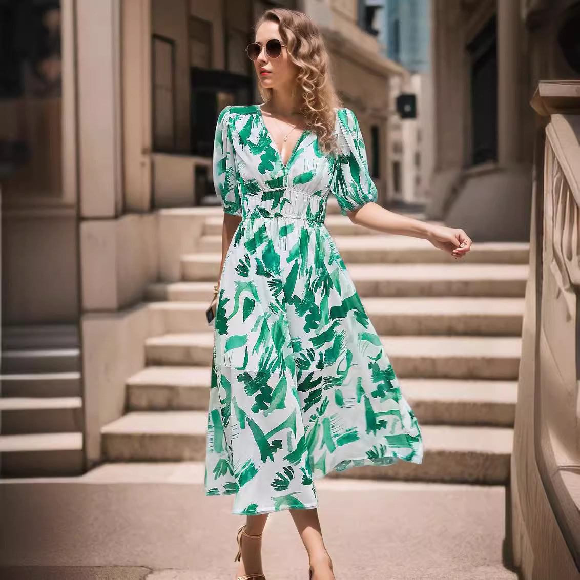 Women’s Midi Dress – Fitted Waist – V-Neck – Puff Sleeves – Bold Print – Breathable Blend