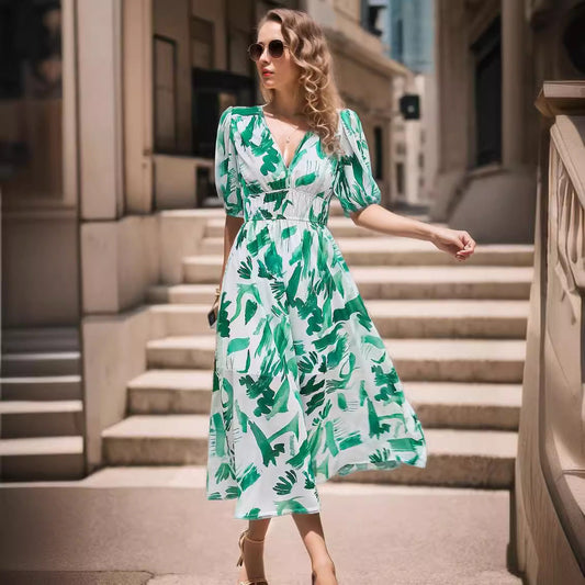 Women’s Midi Dress – Fitted Waist – V-Neck – Puff Sleeves – Bold Print – Breathable Blend