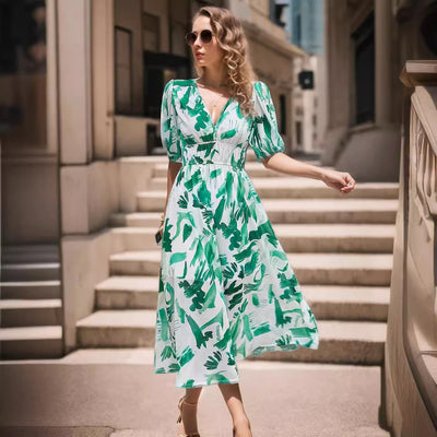 Women’s Midi Dress – Fitted Waist – V-Neck – Puff Sleeves – Bold Print – Breathable Blend
