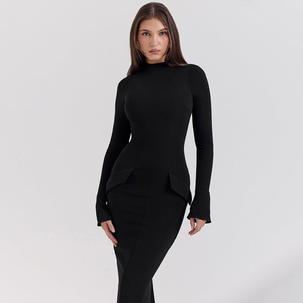 Women’s Long Dress – Slim Fit – Round Neck – Long Sleeve – Formal Tailored Look