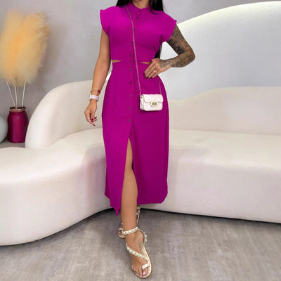 Women’s Midi Dress – Slim Fit – Cut-Out Waist – Stand Collar – Button Front – Sleeveless