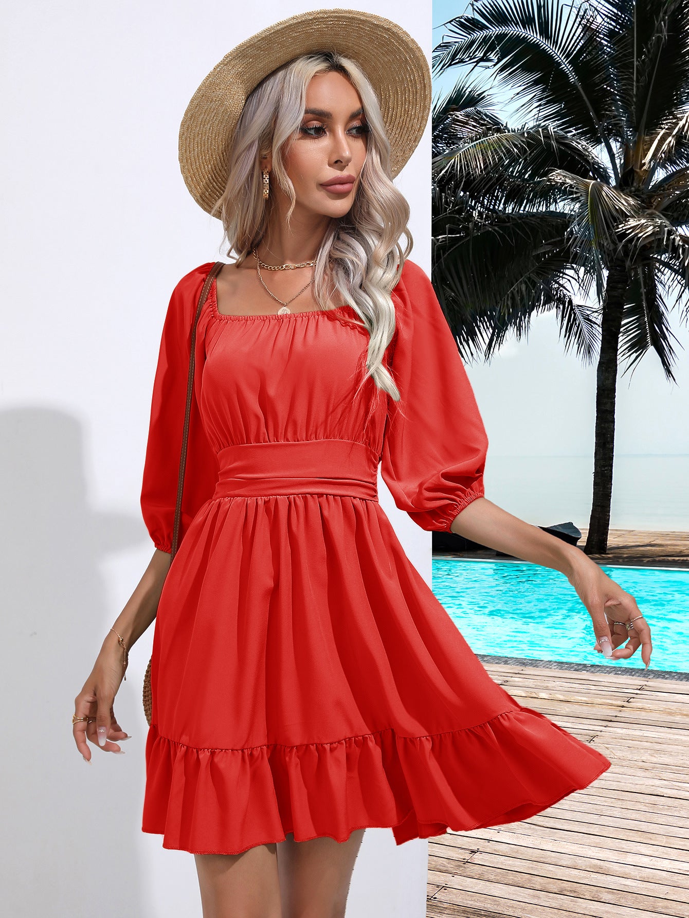 Women’s Fit and Flare Dress – Square Neck – Puff Sleeve – Ruffle Hem