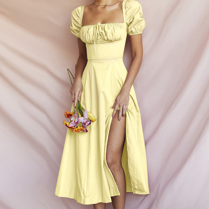 Women’s Midi Dress – Off-Shoulder – Puff Sleeve – Tie Neck – High Slit A-Line Fit