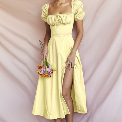 Women’s Midi Dress – Off-Shoulder – Puff Sleeve – Tie Neck – High Slit A-Line Fit