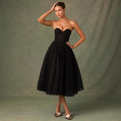 Women’s Strapless Tulle Gown – Sweetheart Neckline – Fitted Bodice – Midi A-Line