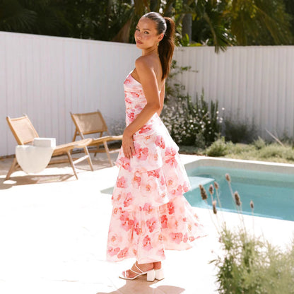 Women’s Maxi Dress – One-Shoulder – Ruched Bodice – Tiered A-Line – Abstract Print