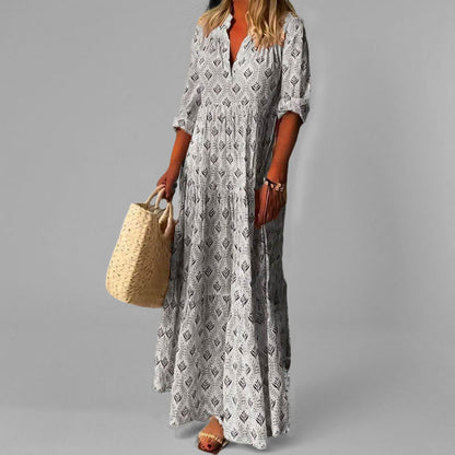 Women’s Maxi Dress – Lightweight Cotton – Loose Fit – V-Neck – Vintage Print – 3/4 Sleeve