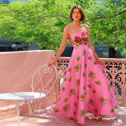 Women’s Evening Gown – Strapless Satin – Floral Print – Slim Fit A-Line Long Dress
